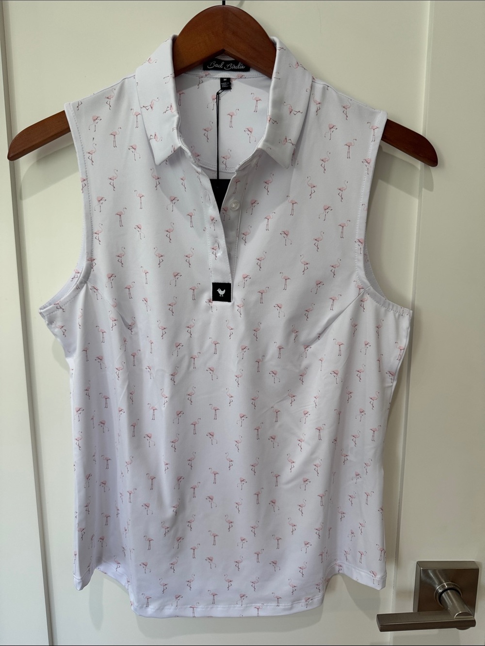 Bad Birdie Golf Women’s Sleeveless Polo - White with Pink Flamingo Print
